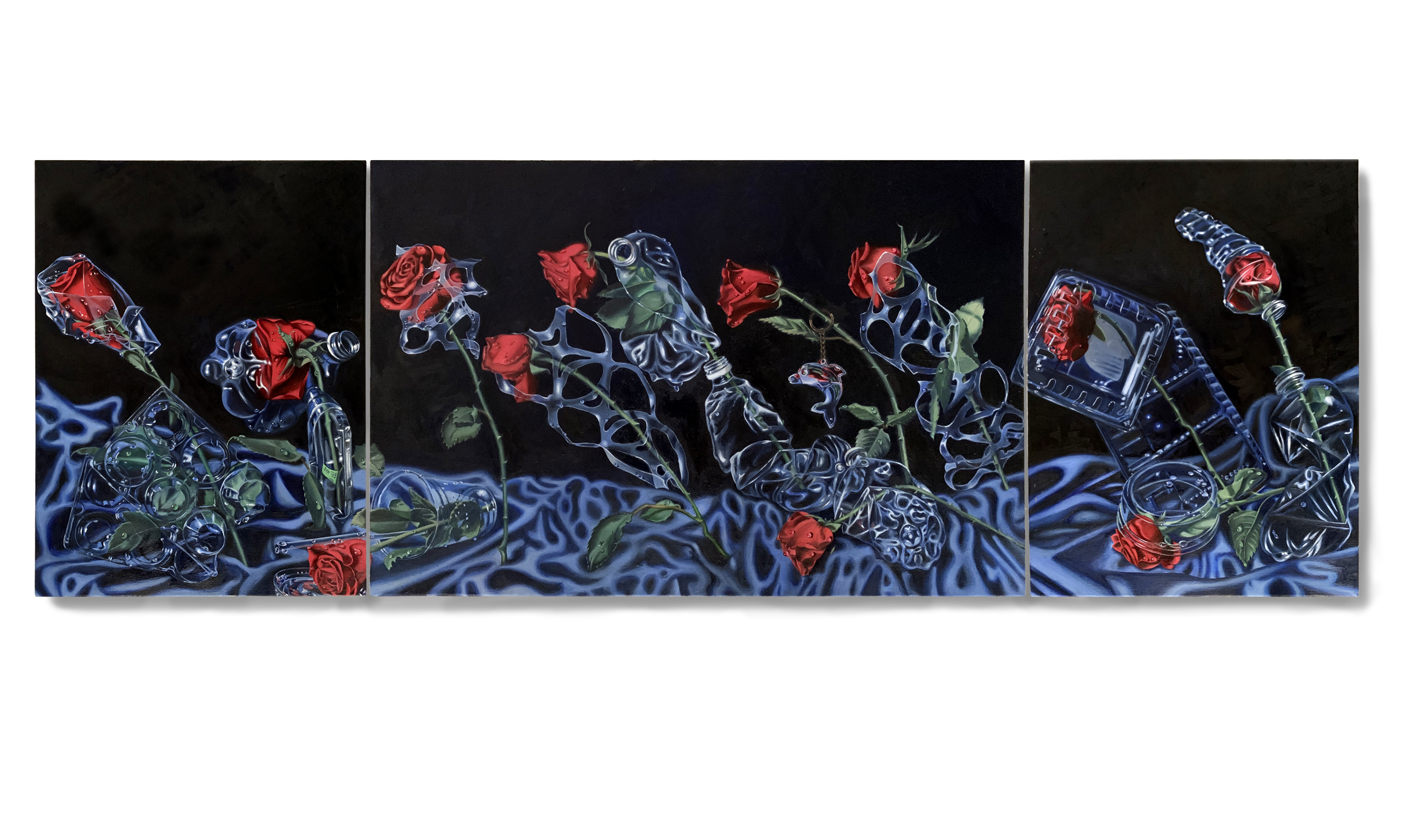 Bed Of Roses (Triptych), 20x60 2021 <br>oil on canvas<br><br>As mentioned by marine biologist, Dr. Ayana Johnson, in Alie Ward’s podcast, “Ologies with Alie Ward”, "We are starting to see commitments not just at the individual level like giving up plastic straws and bags and carrying your own water bottle, but what really inspires me is Kenya and Rwanda banning plastic bags. [...] The UN has been organizing the Clean Seas initiative and three dozen countries have signed on to make commitments to reducing ocean plastic pollution. All over the world, you are starting to see these shifts."